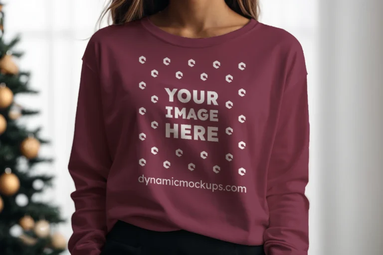 Woman Wearing Maroon Sweatshirt Mockup Front View Template