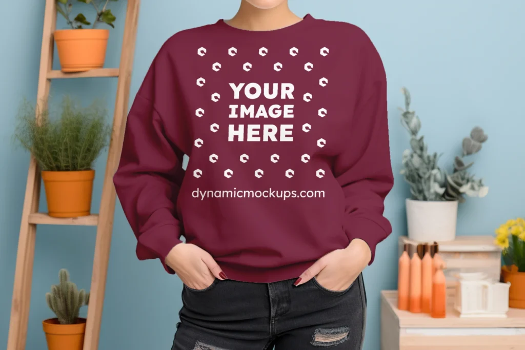 Woman Wearing Maroon Sweatshirt Mockup Front View Template