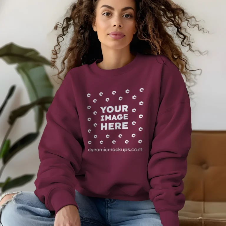 Woman Wearing Maroon Sweatshirt Mockup Front View Template