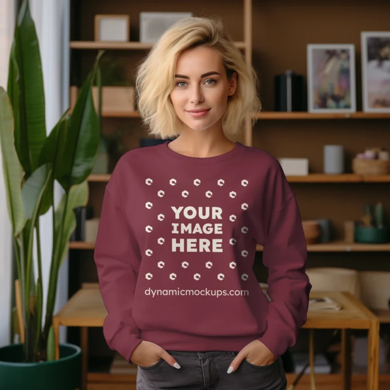 Woman Wearing Maroon Sweatshirt Mockup Front View Template