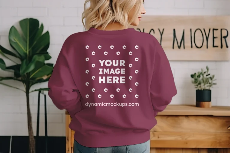 Woman Wearing Maroon Sweatshirt Mockup Back View Template