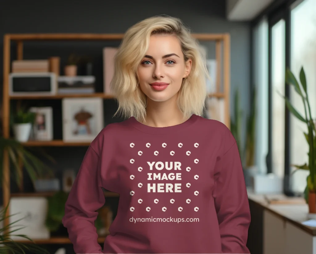 Woman Wearing Maroon Sweatshirt Mockup Front View Template