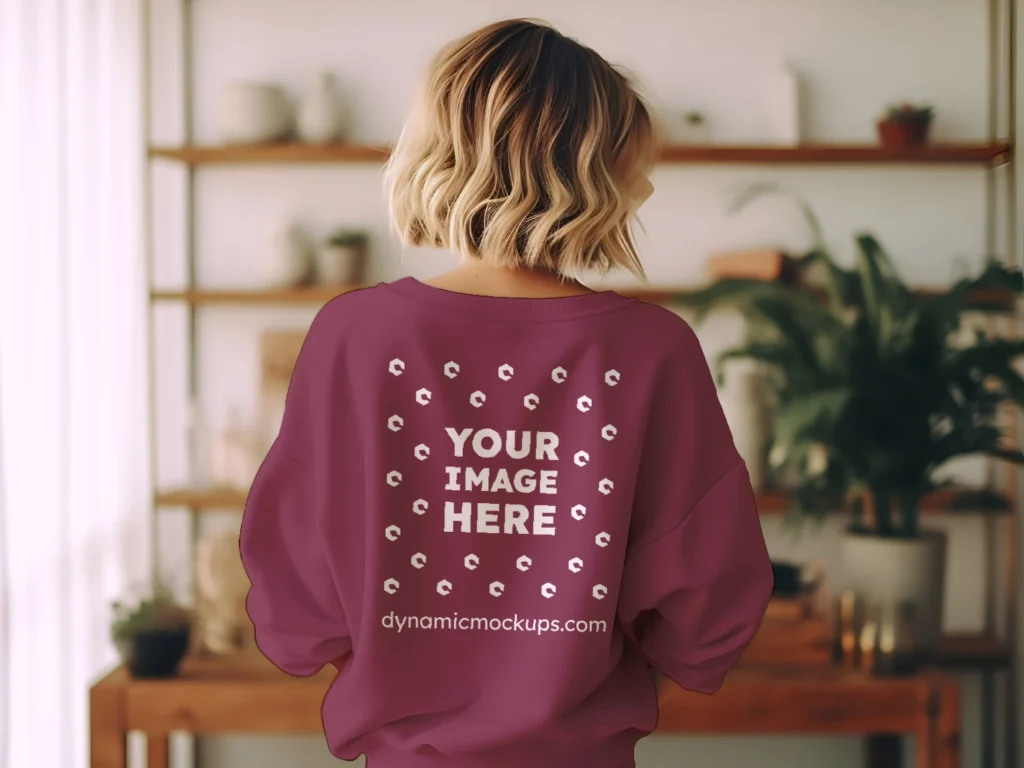 Woman Wearing Maroon Sweatshirt Mockup Back View Template