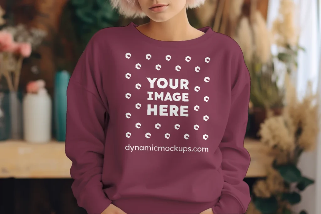 Woman Wearing Maroon Sweatshirt Mockup Front View Template