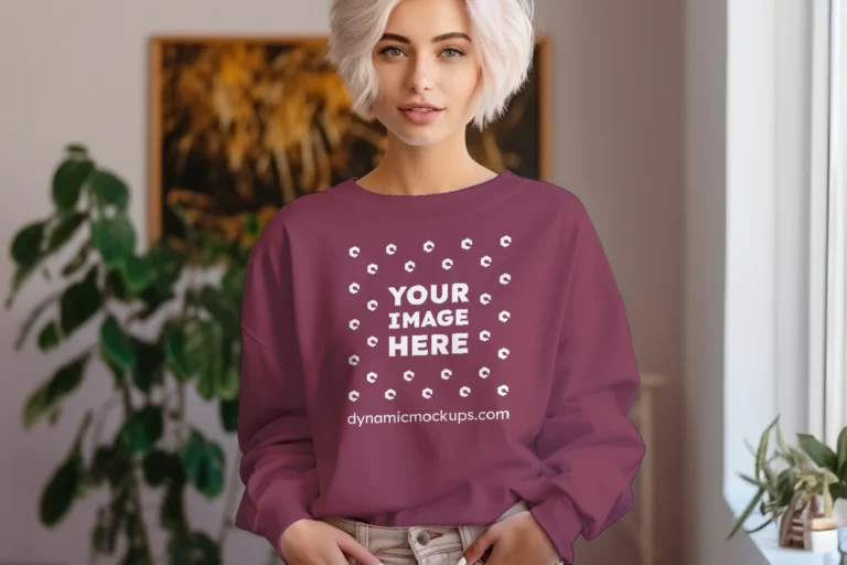 Woman Wearing Maroon Sweatshirt Mockup Front View Template