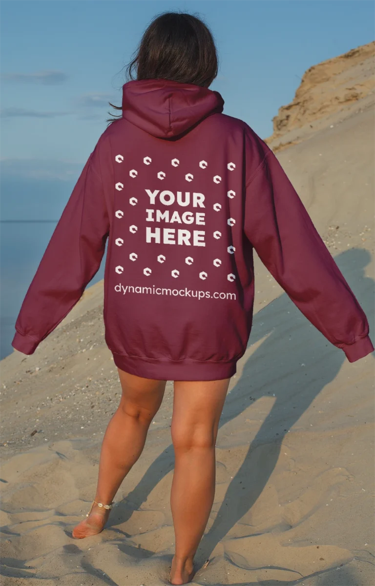 Woman Wearing Maroon Hoodie Mockup Back View Template