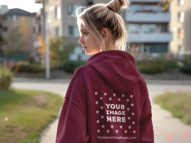 Woman Wearing Maroon Hoodie Mockup Back View Template