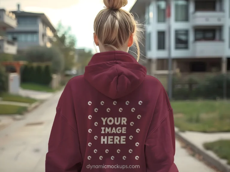 Woman Wearing Maroon Hoodie Mockup Back View Template