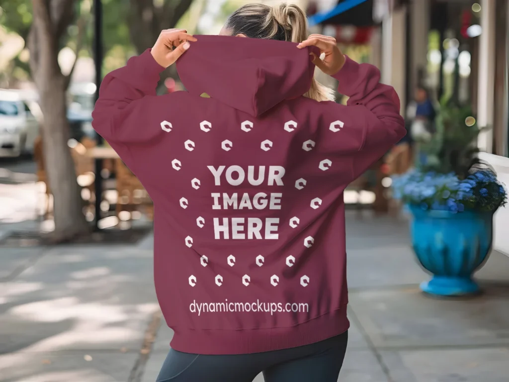 Woman Wearing Maroon Hoodie Mockup Back View Template