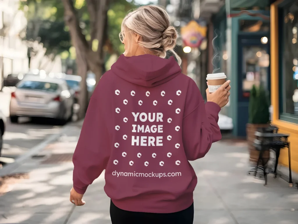 Woman Wearing Maroon Hoodie Mockup Back View Template