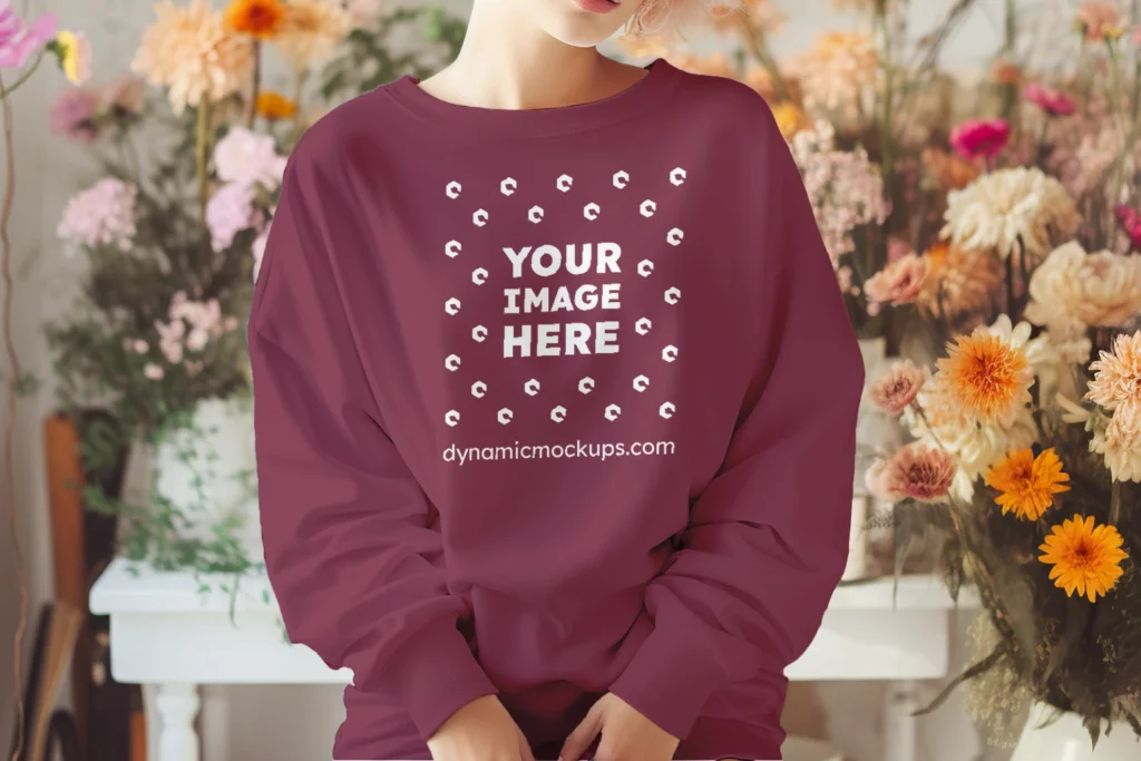 Woman Wearing Maroon Sweatshirt Mockup Front View Template