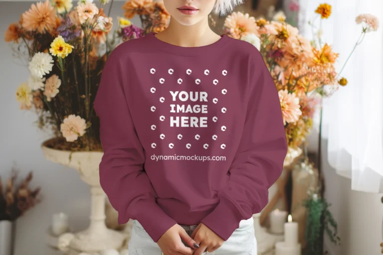 Woman Wearing Maroon Sweatshirt Mockup Front View Template