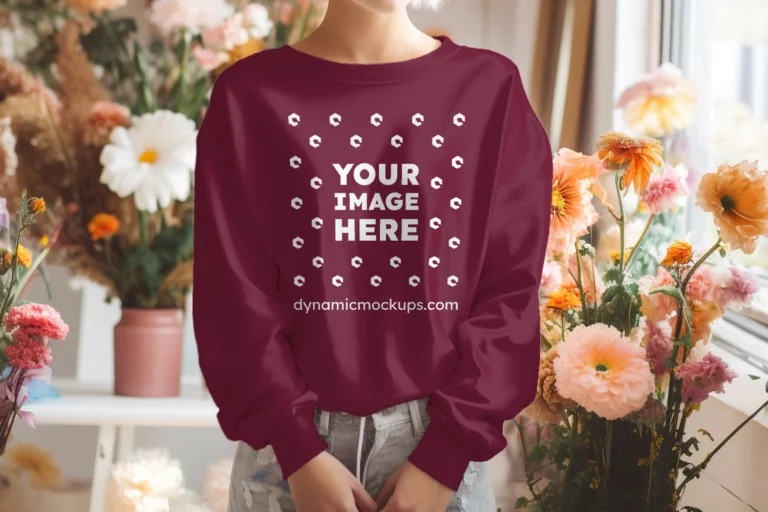 Woman Wearing Maroon Sweatshirt Mockup Front View Template