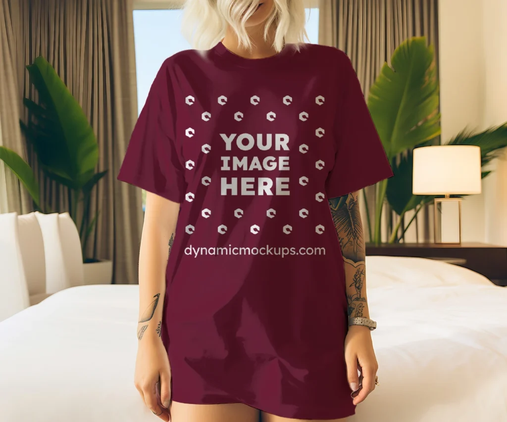 Woman Wearing Maroon T-shirt Mockup Front View Template