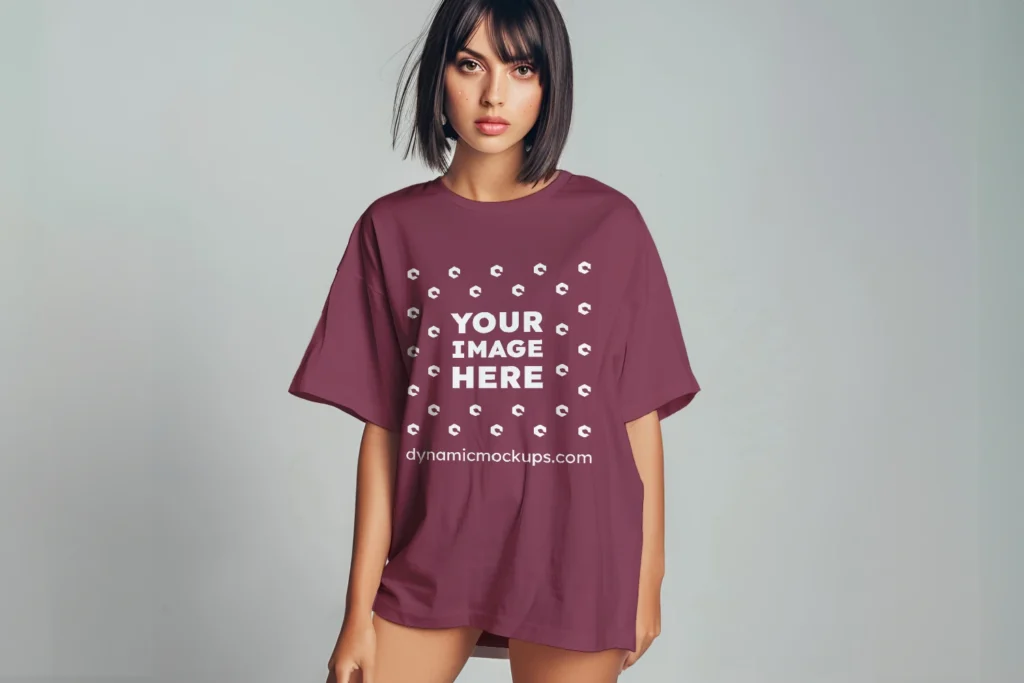 Woman Wearing Maroon T-shirt Mockup Front View Template