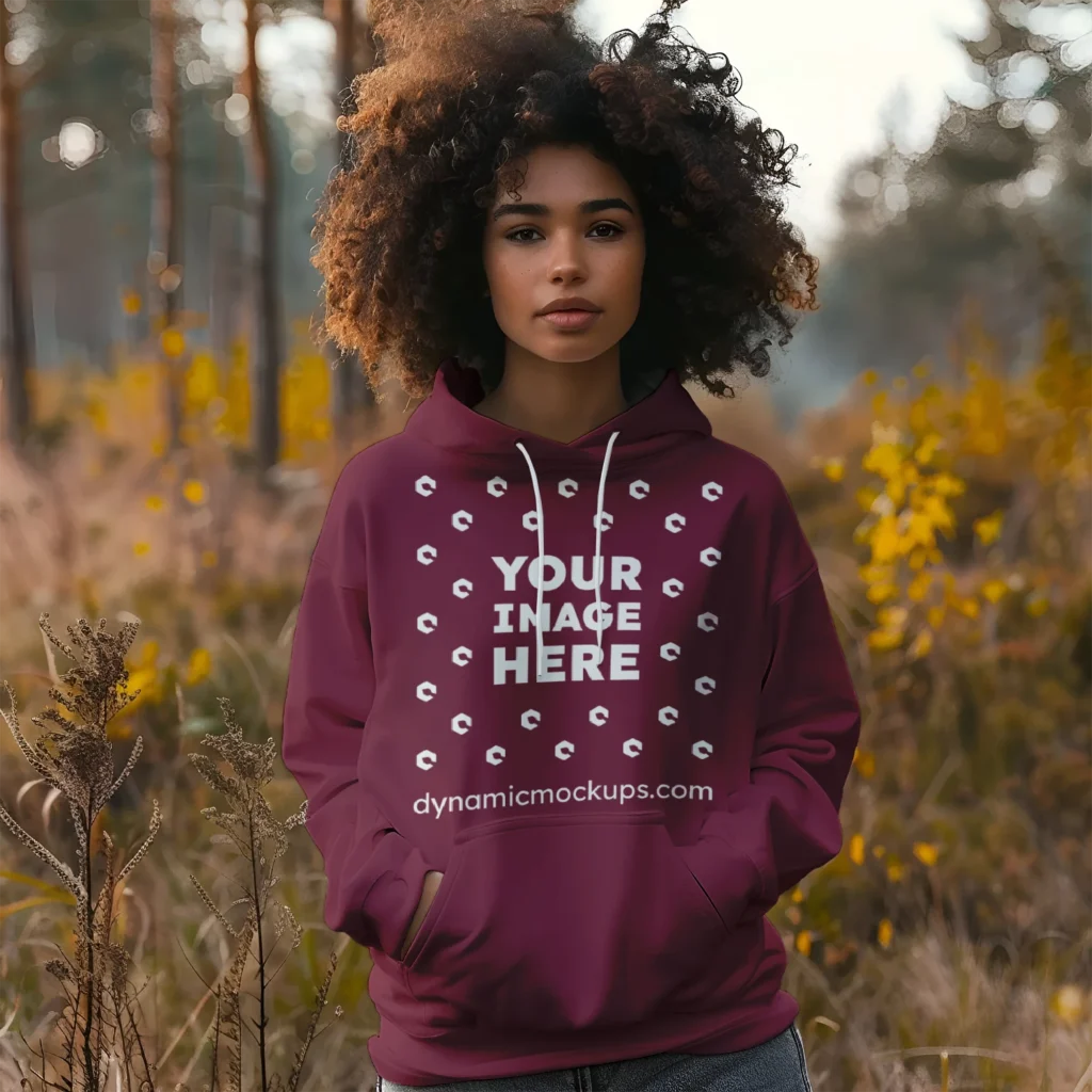 Woman Wearing Maroon Hoodie Mockup Front View Template