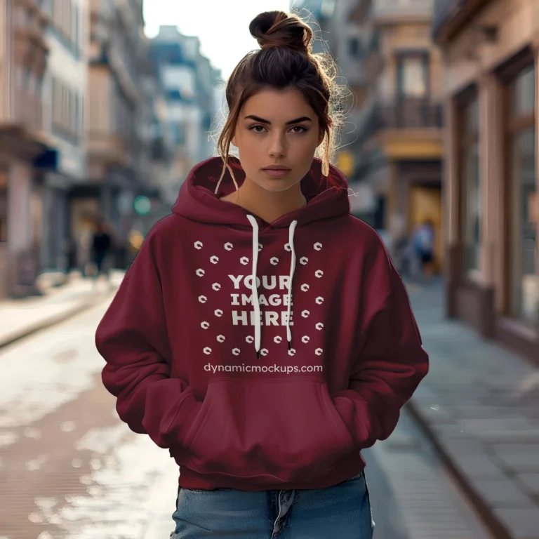 Woman Wearing Maroon Hoodie Mockup Front View Template