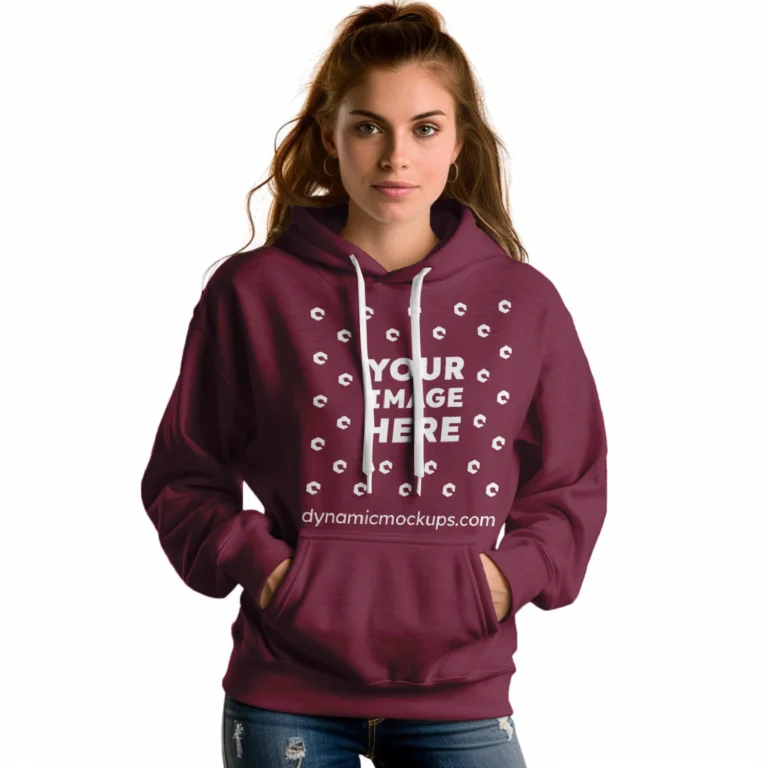 Woman Wearing Maroon Hoodie Mockup Front View Template