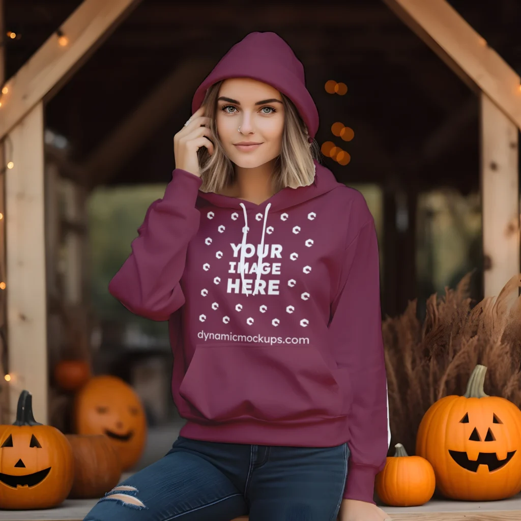 Woman Wearing Maroon Hoodie Mockup Front View Template