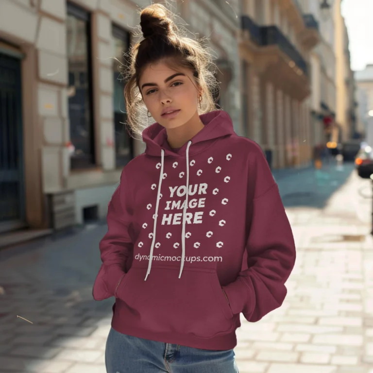 Woman Wearing Maroon Hoodie Mockup Front View Template