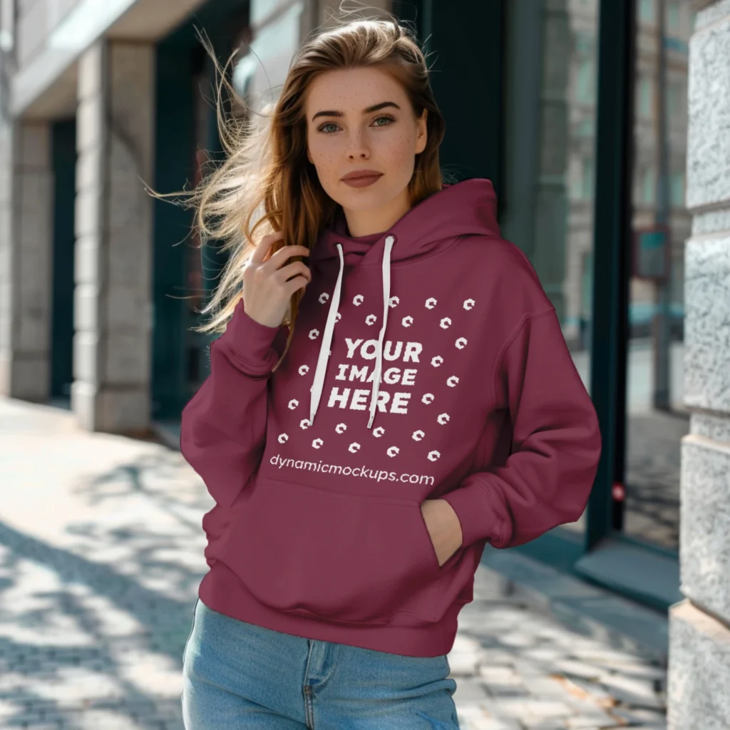 Woman Wearing Maroon Hoodie Mockup Front View Template