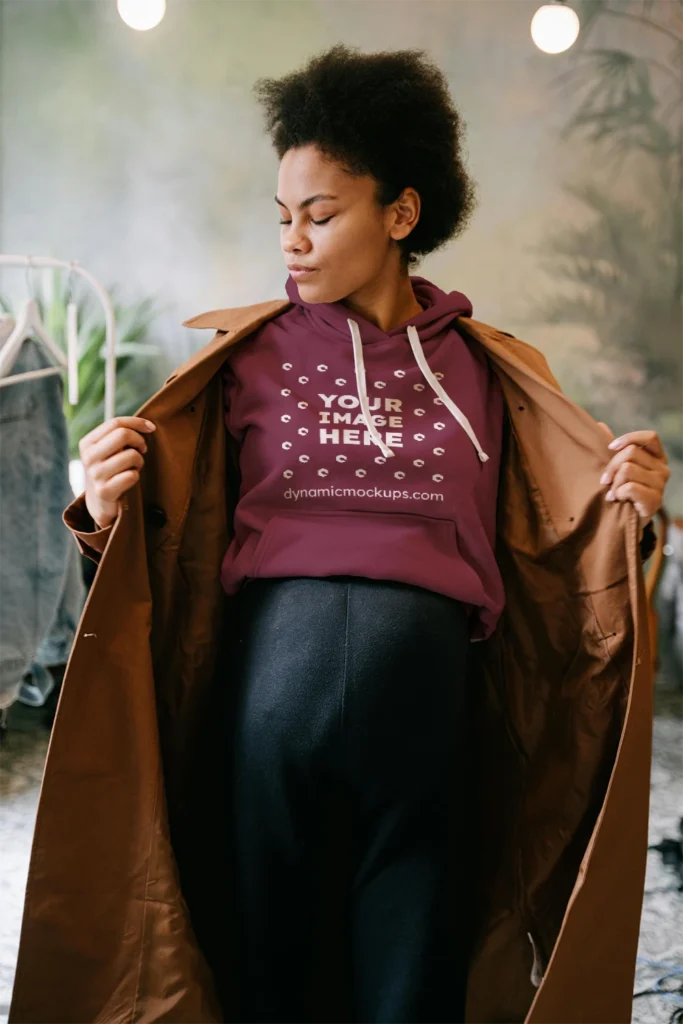 Woman Wearing Maroon Hoodie Mockup Front View Template