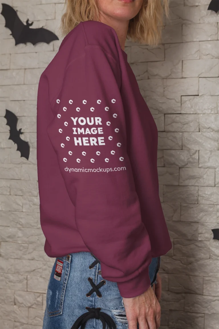 Woman Wearing Maroon Hoodie Mockup Side View Template