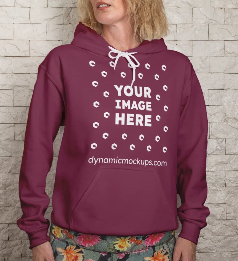 Woman Wearing Maroon Hoodie Mockup Front View Template