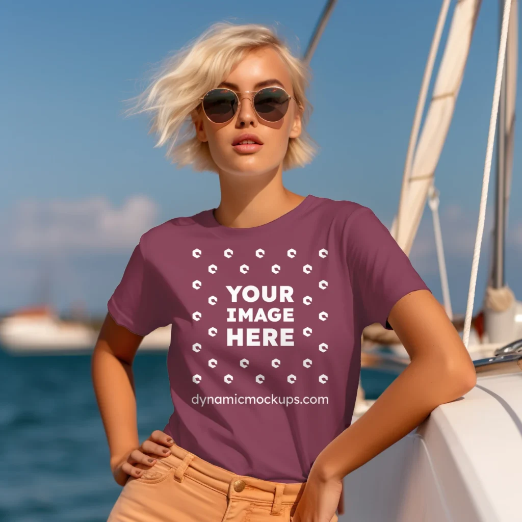 Woman Wearing Maroon T-shirt Mockup Front View Template