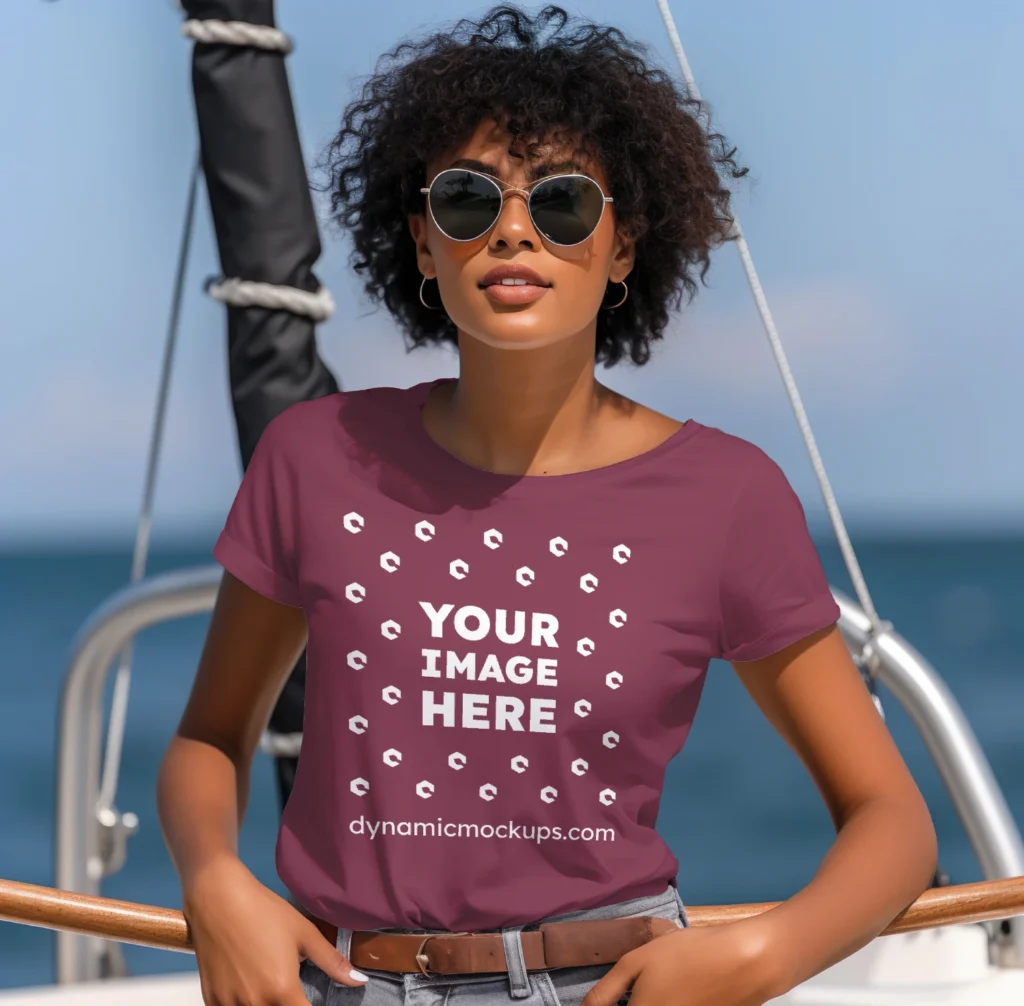 Woman Wearing Maroon T-shirt Mockup Front View Template