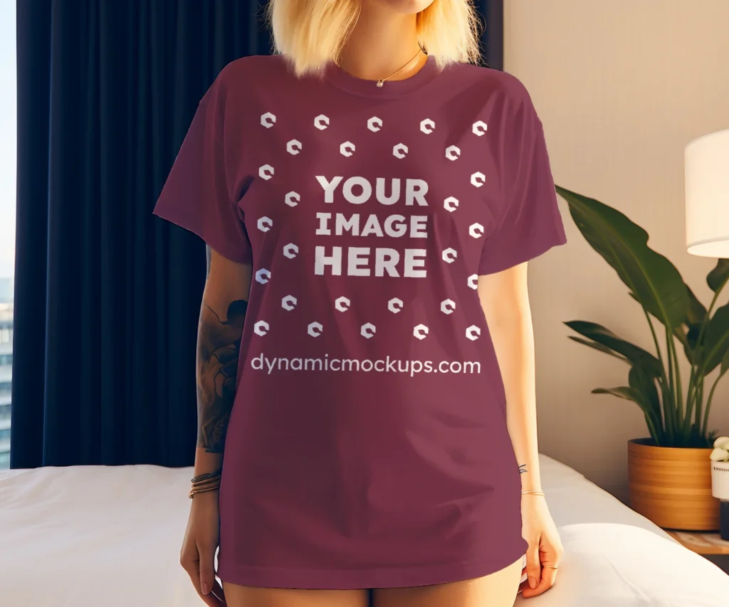 Woman Wearing Maroon T-shirt Mockup Front View Template