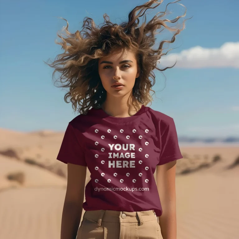 Woman Wearing Maroon T-shirt Mockup Front View Template