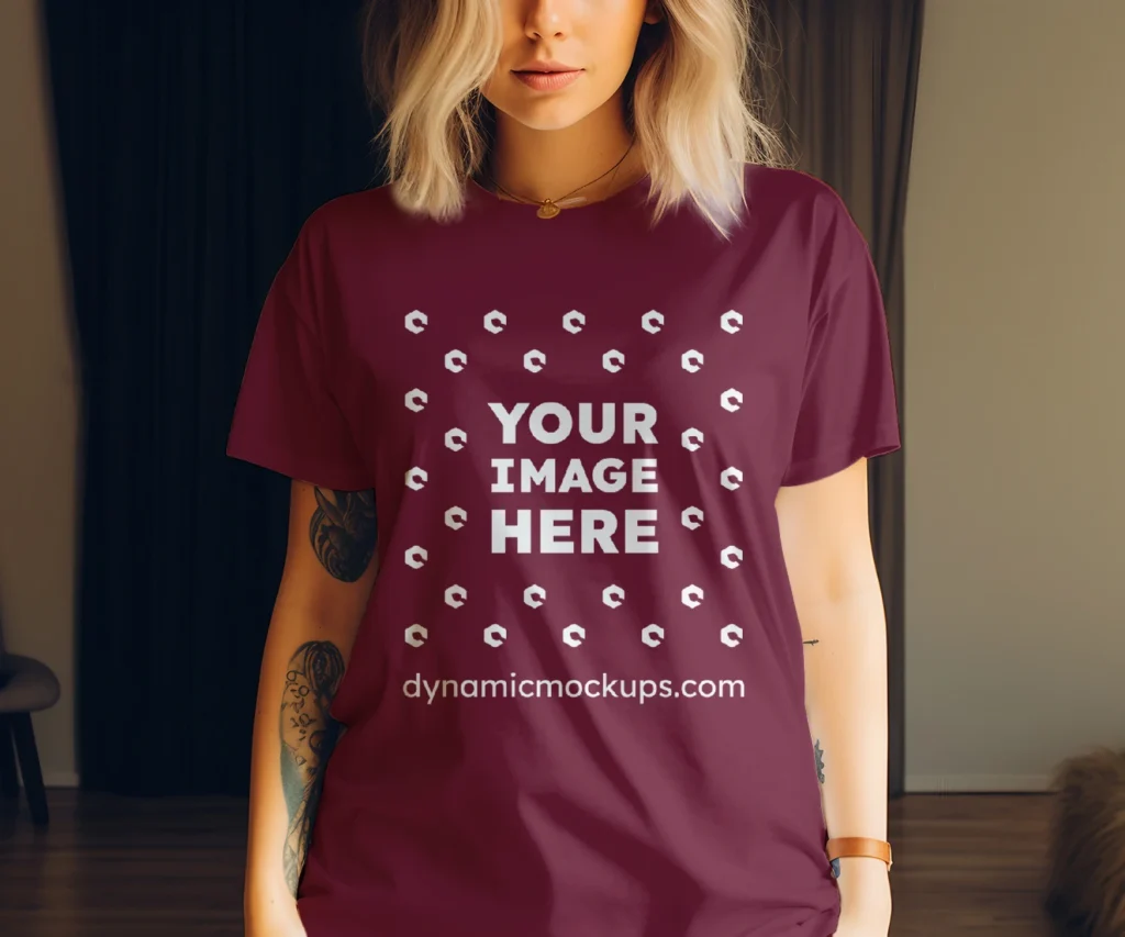 Woman Wearing Maroon T-shirt Mockup Front View Template