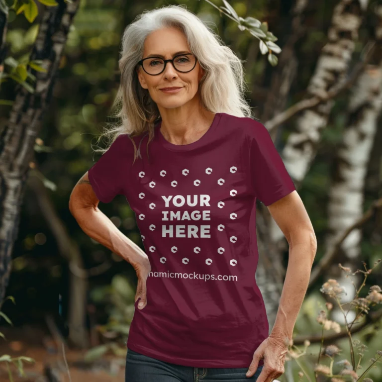 Woman Wearing Maroon T-shirt Mockup Front View Template