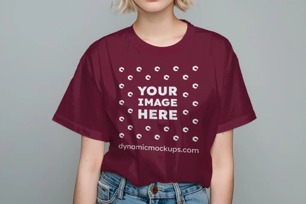 Woman Wearing Maroon T-shirt Mockup Front View Template