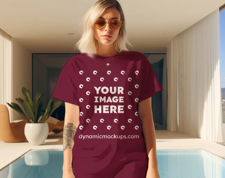 Woman Wearing Maroon T-shirt Mockup Front View Template