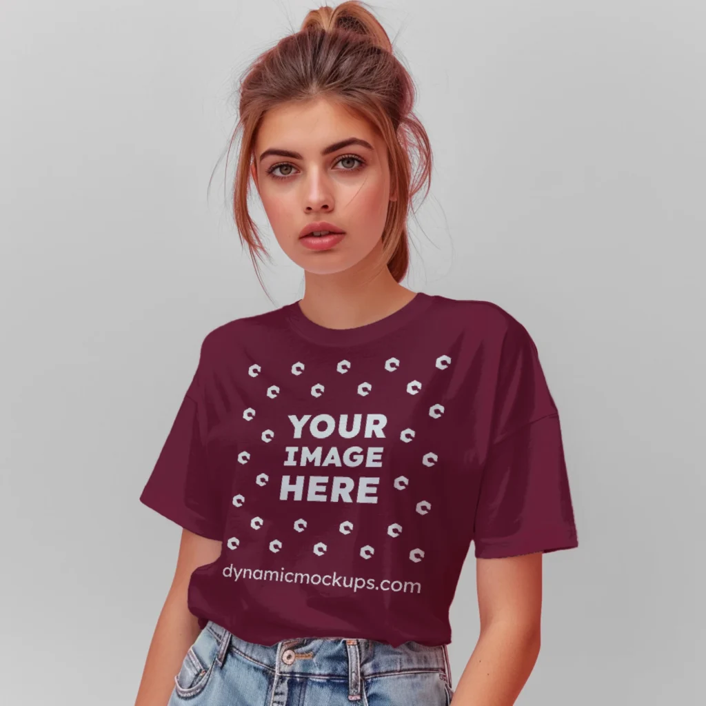 Woman Wearing Maroon T-shirt Mockup Front View Template