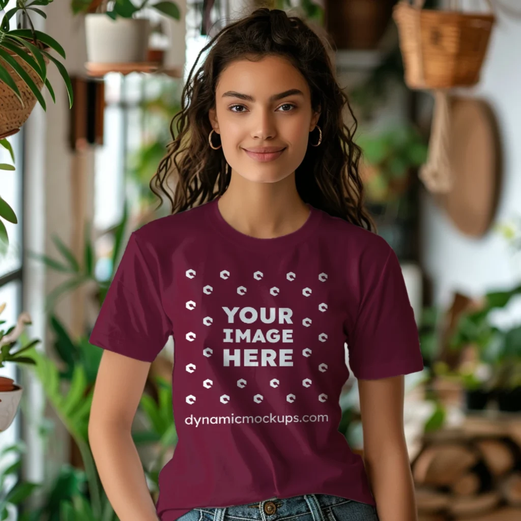 Woman Wearing Maroon T-shirt Mockup Front View Template