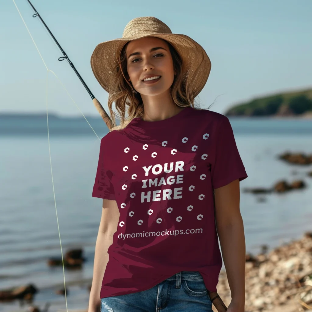 Woman Wearing Maroon T-shirt Mockup Front View Template