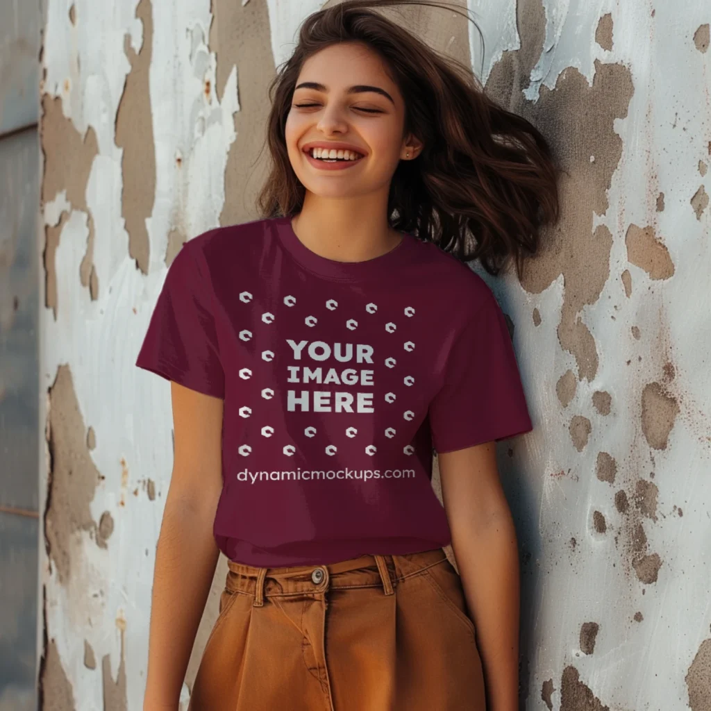 Woman Wearing Maroon T-shirt Mockup Front View Template