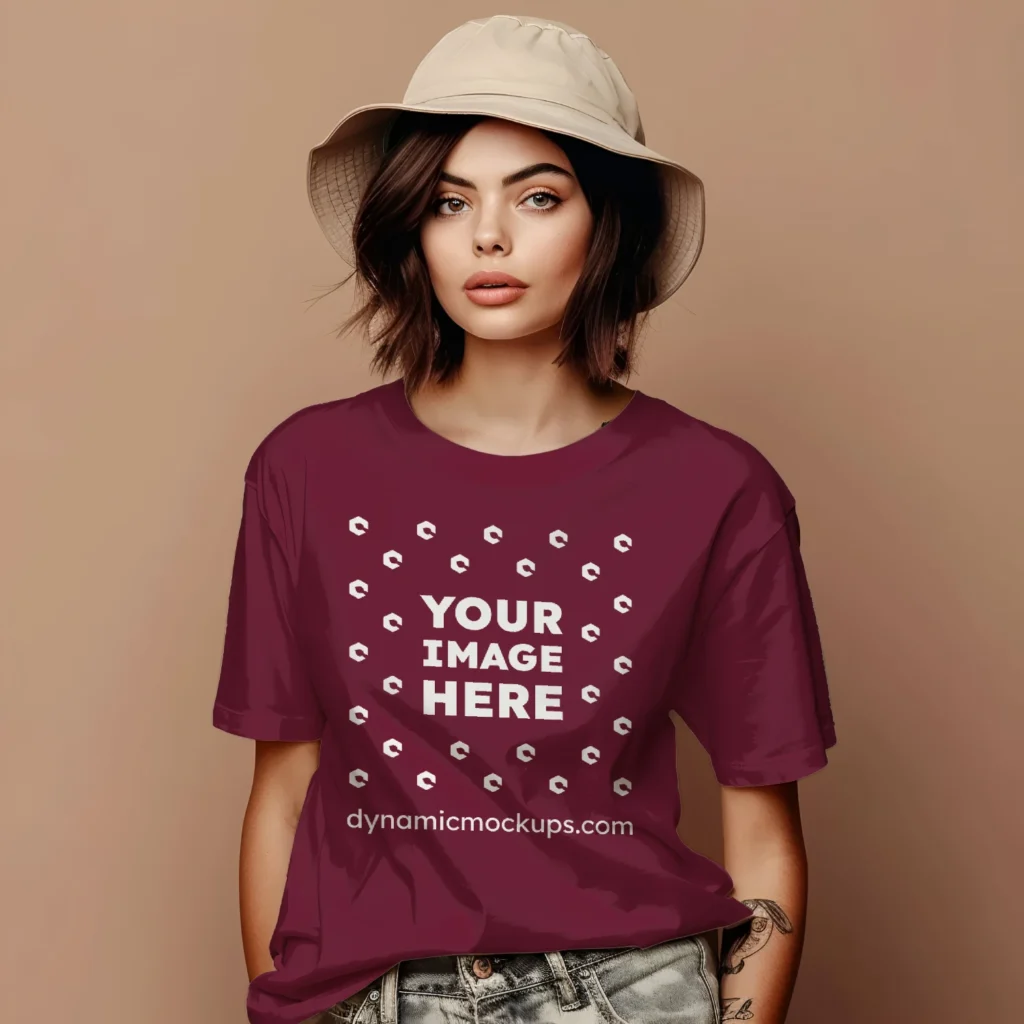 Woman Wearing Maroon T-shirt Mockup Front View Template