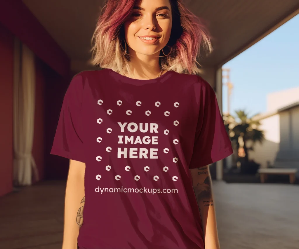 Woman Wearing Maroon T-shirt Mockup Front View Template