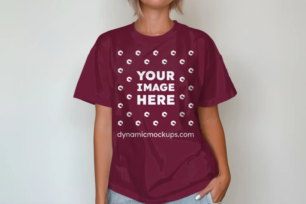 Woman Wearing Maroon T-shirt Mockup Front View Template