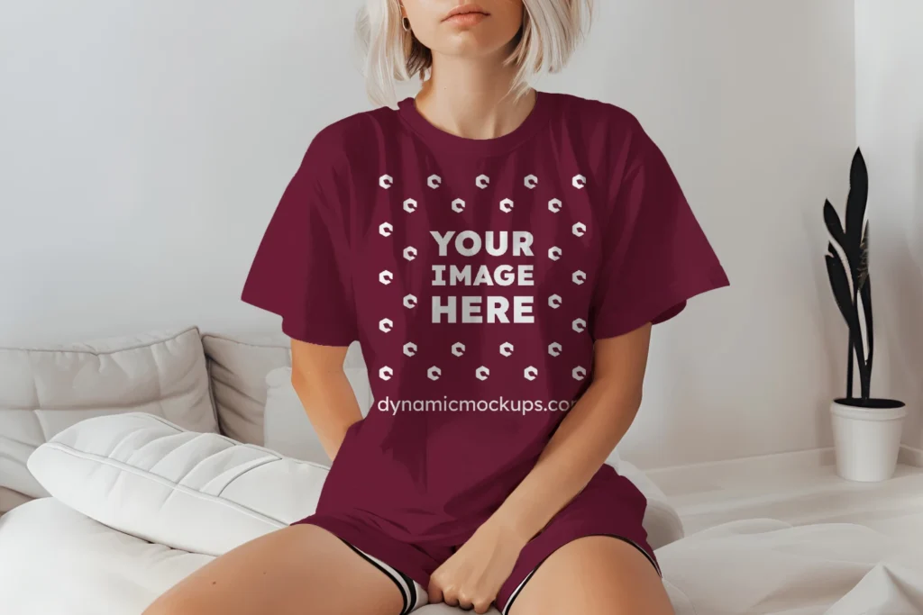 Woman Wearing Maroon T-shirt Mockup Front View Template