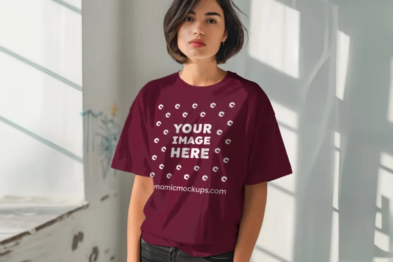 Woman Wearing Maroon T-shirt Mockup Front View Template