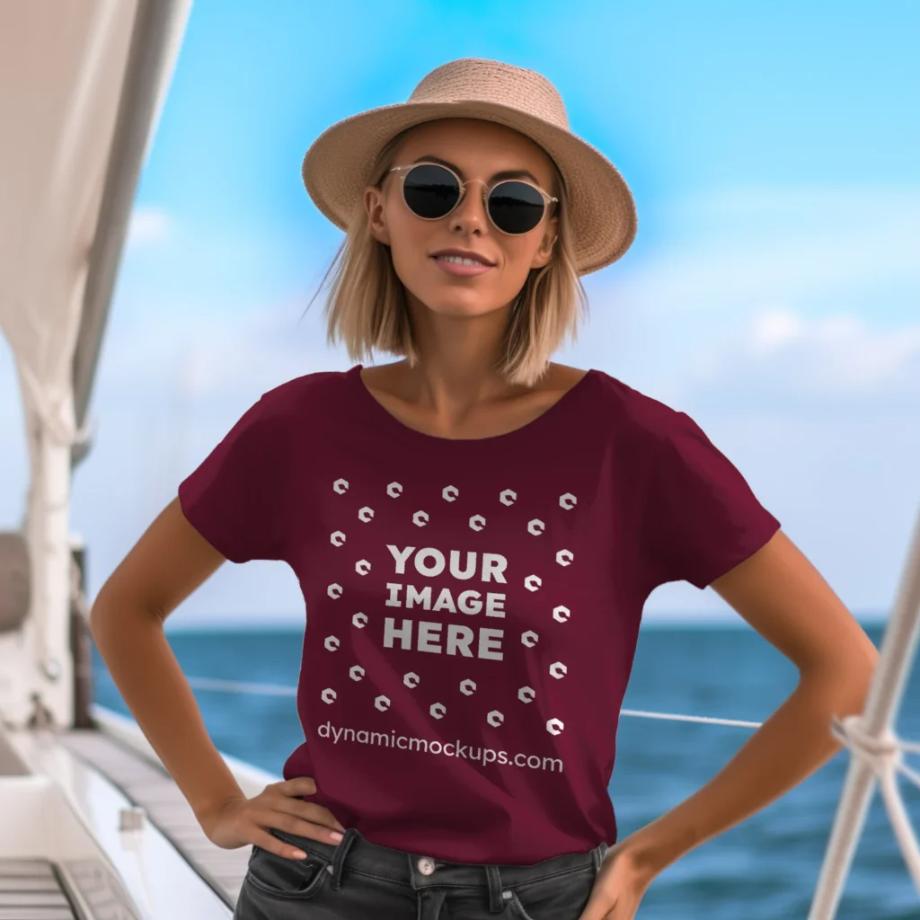 Woman Wearing Maroon T-shirt Mockup Front View Template