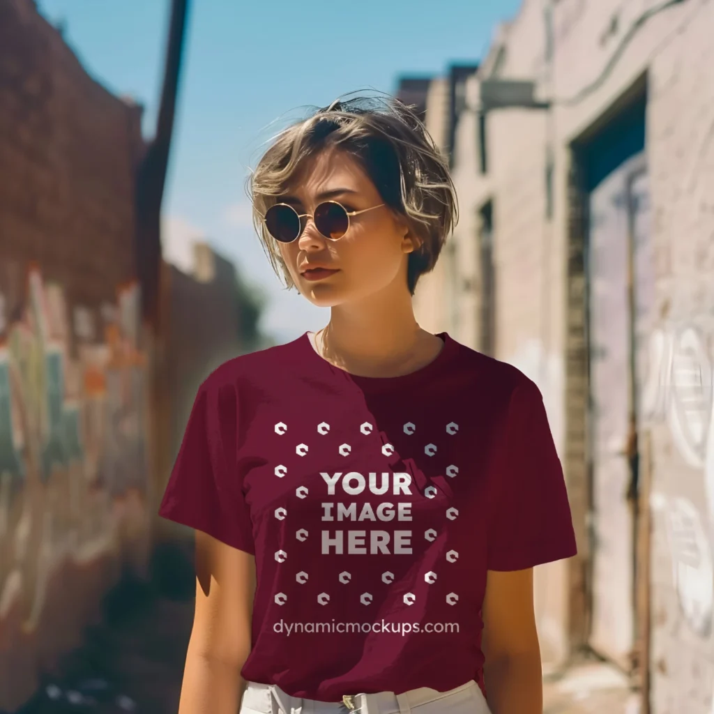 Woman Wearing Maroon T-shirt Mockup Front View Template