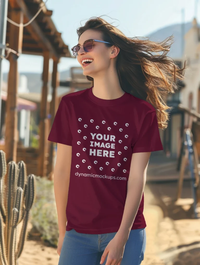 Woman Wearing Maroon T-shirt Mockup Front View Template