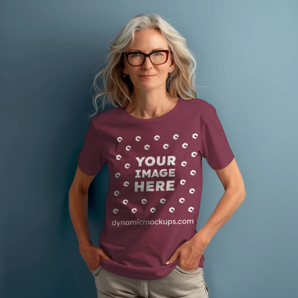 Woman Wearing Maroon T-shirt Mockup Front View Template