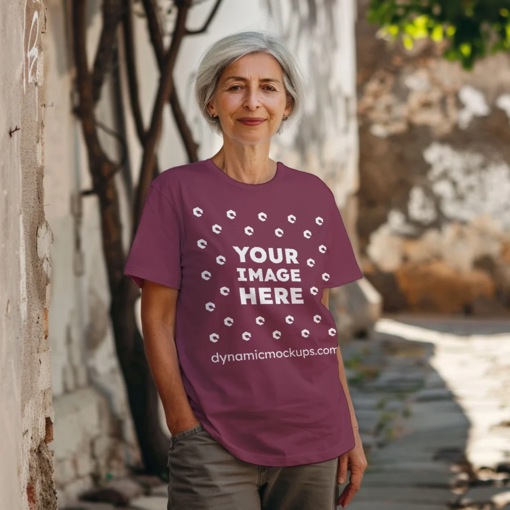 Woman Wearing Maroon T-shirt Mockup Front View Template